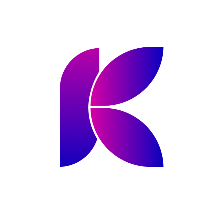 Kumtrya Logo is a "k" that resembles a butterfly and has a bluish purple to magenta purple gradient.